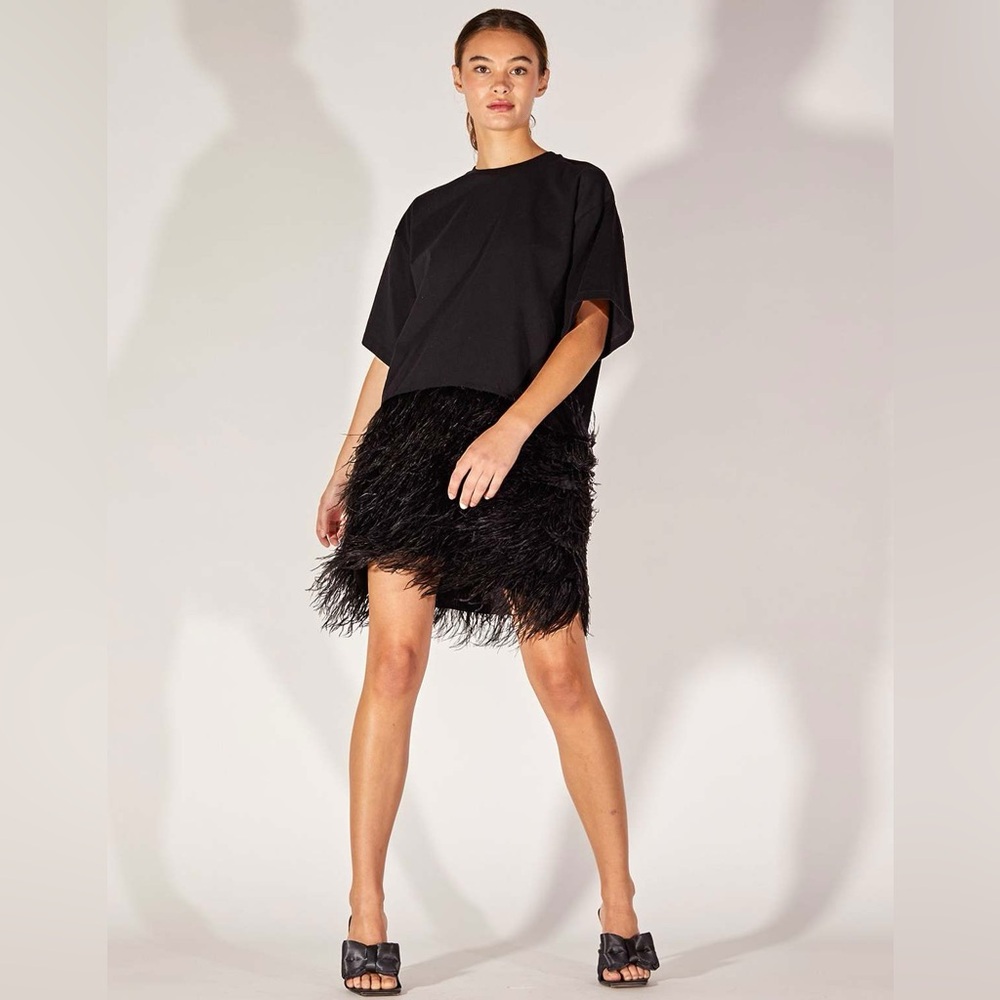 Cynthia Rowley Astrid Ostrich Feather Cotton T Shirt Dress Women's Black Medium